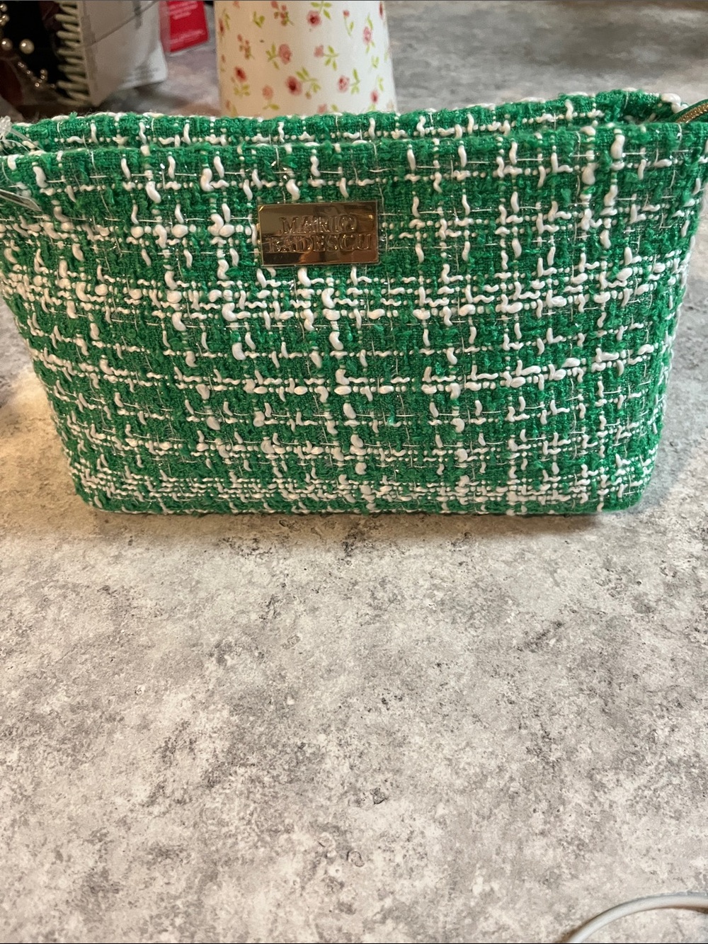 Mario Badescu Green and White Tweed Cosmetic Pouch with Gold Plaque